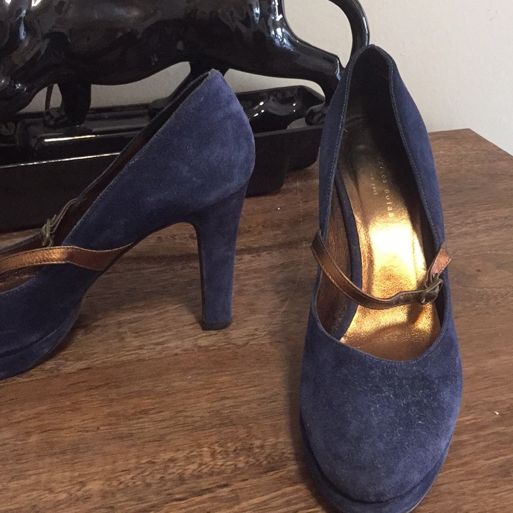 Blue suede Mary Jane heels